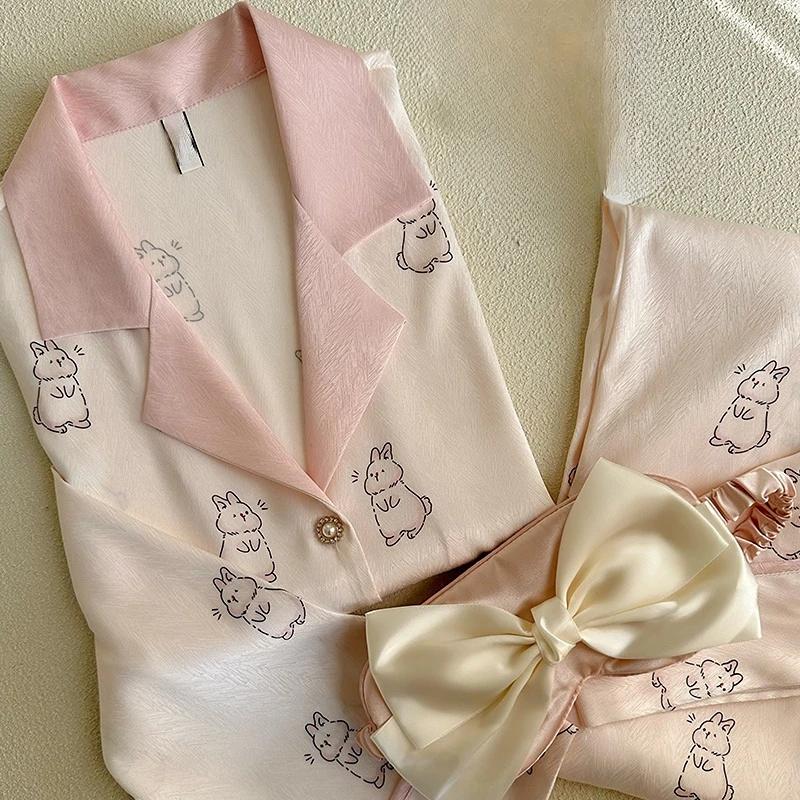 Womens Silk Satin Pajamas Set Sleepwear Female Sleep Two Piece Loungewear Girls Lace Trim Sweet Home Suit Spring Autumn Homewear