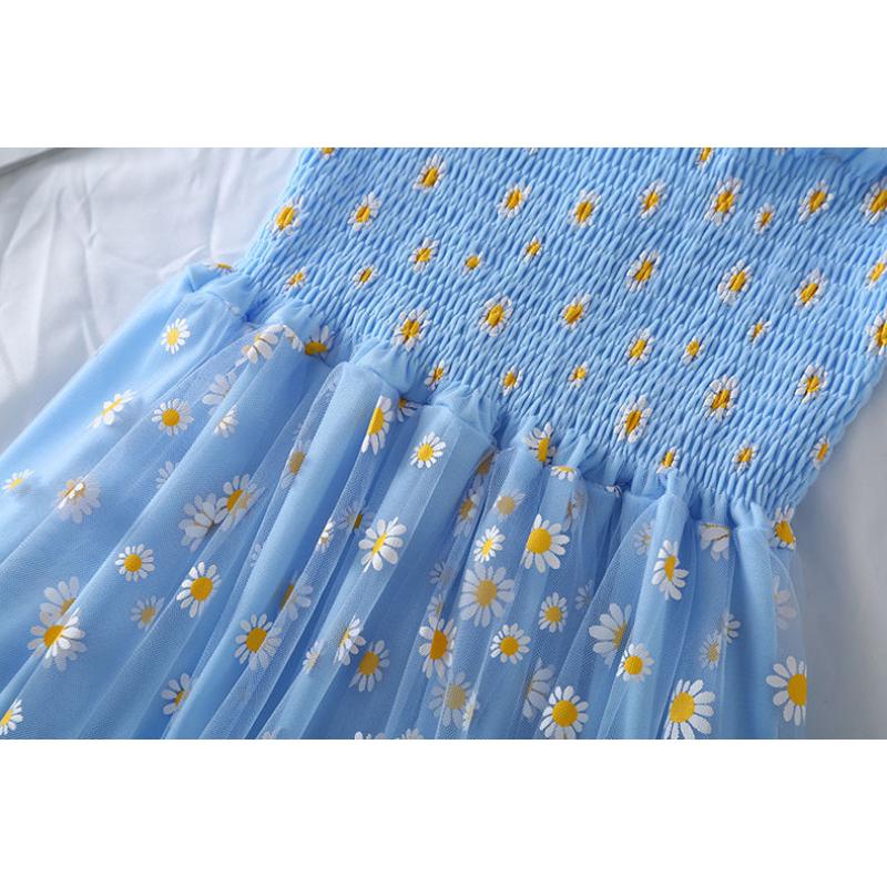 Women's Fashion Daisy Printed Mesh Dress Summer Double Elastic Waist Holiday Suspender Dress Beach Skirt