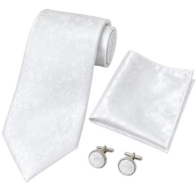 [SYOMKE] Men's 4-Piece Set: Necktie, Cufflinks (2), Pocket Square, White Floral Jacquard. Formal Wear for Weddings, Receptions, After-parties,