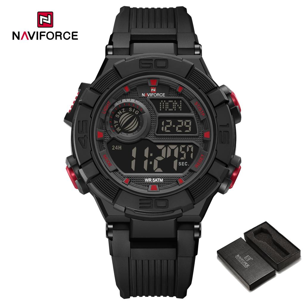 Naviforce Men LCD Watch Ditital Movement Lightweight Silicone Strap 50m Waterproof Calendar Date Alarm Night Pattern Boy Gift Watch NF7131