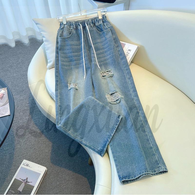 American Spicy Girl Women s High Street Ripped Wide-Leg Jeans - Summer 2026 Loose Straight Leg Pants S синий