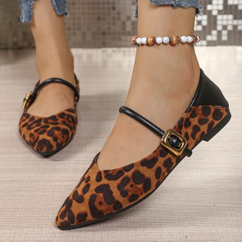 Women's Leopard Mary Jane Shoes Fall New Flat Plus Size One Line Two Wear Pumps Pointed Shoes