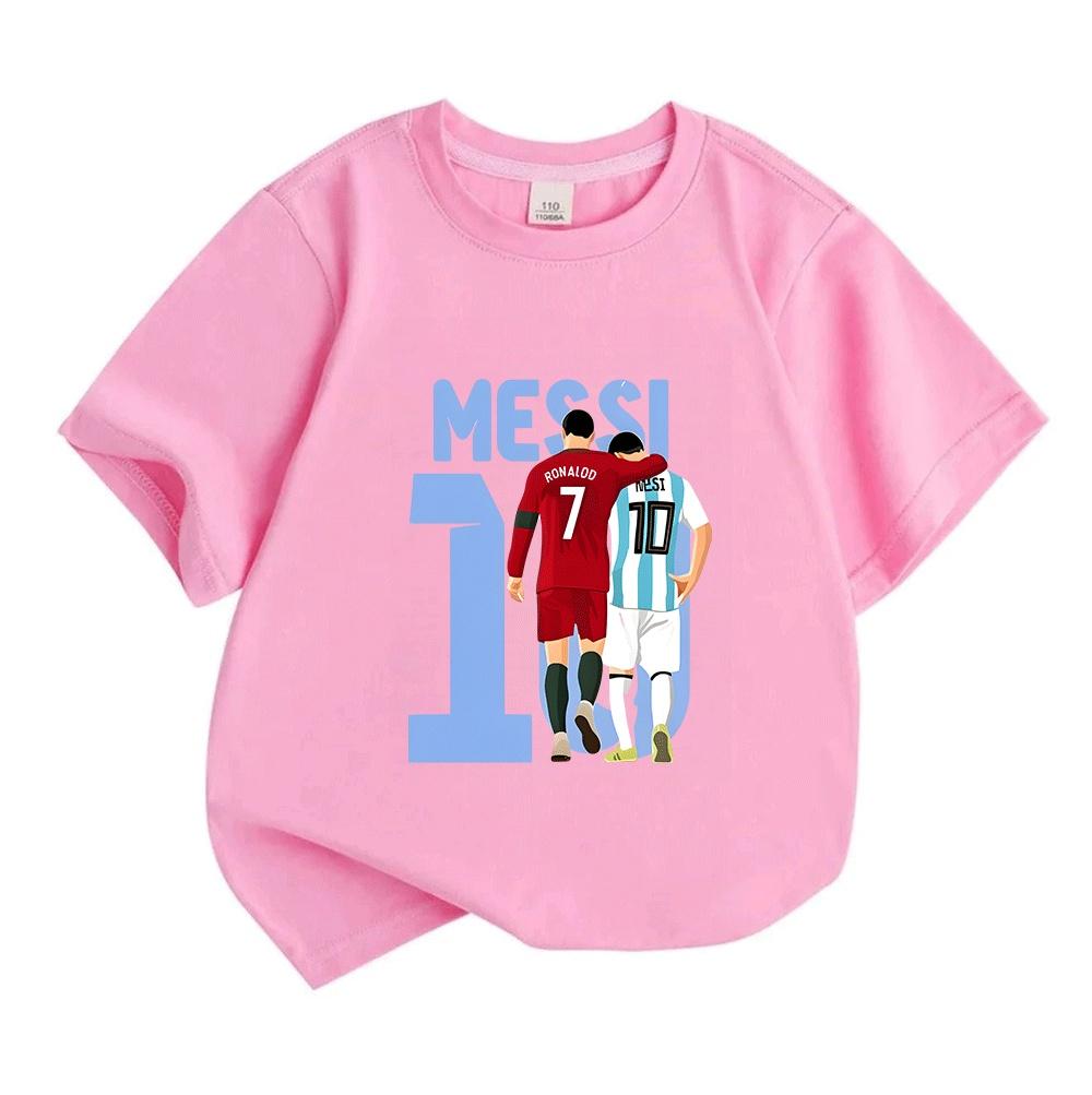 Kids Boys Girls Crew Neck Short Sleeve 100% Cotton T-Shirt, Football Stars Print Casual Soft Tees for Boys Girls Daily Wear Sport Tops for Children
