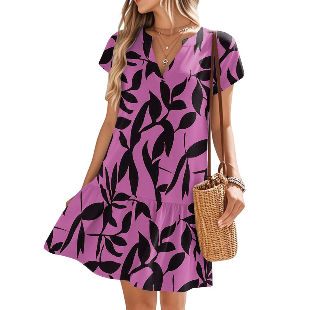 Women's Dresses Short Sleeve V-Neck Floral Printed Loose Casual Temperament Beach Dresses
