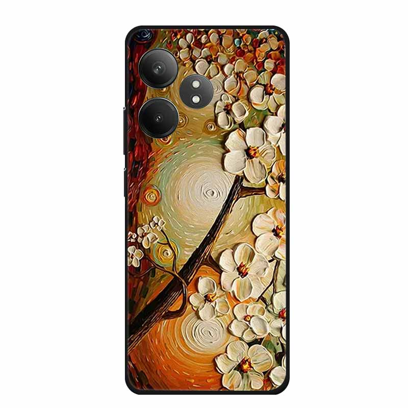 3D Emboss Case For Realme Narzo N61 Note 60 50 Realme GT 6 6T Neo6 SE C61 C63 Phone Case Flowers Black Silicone Soft Back Cover