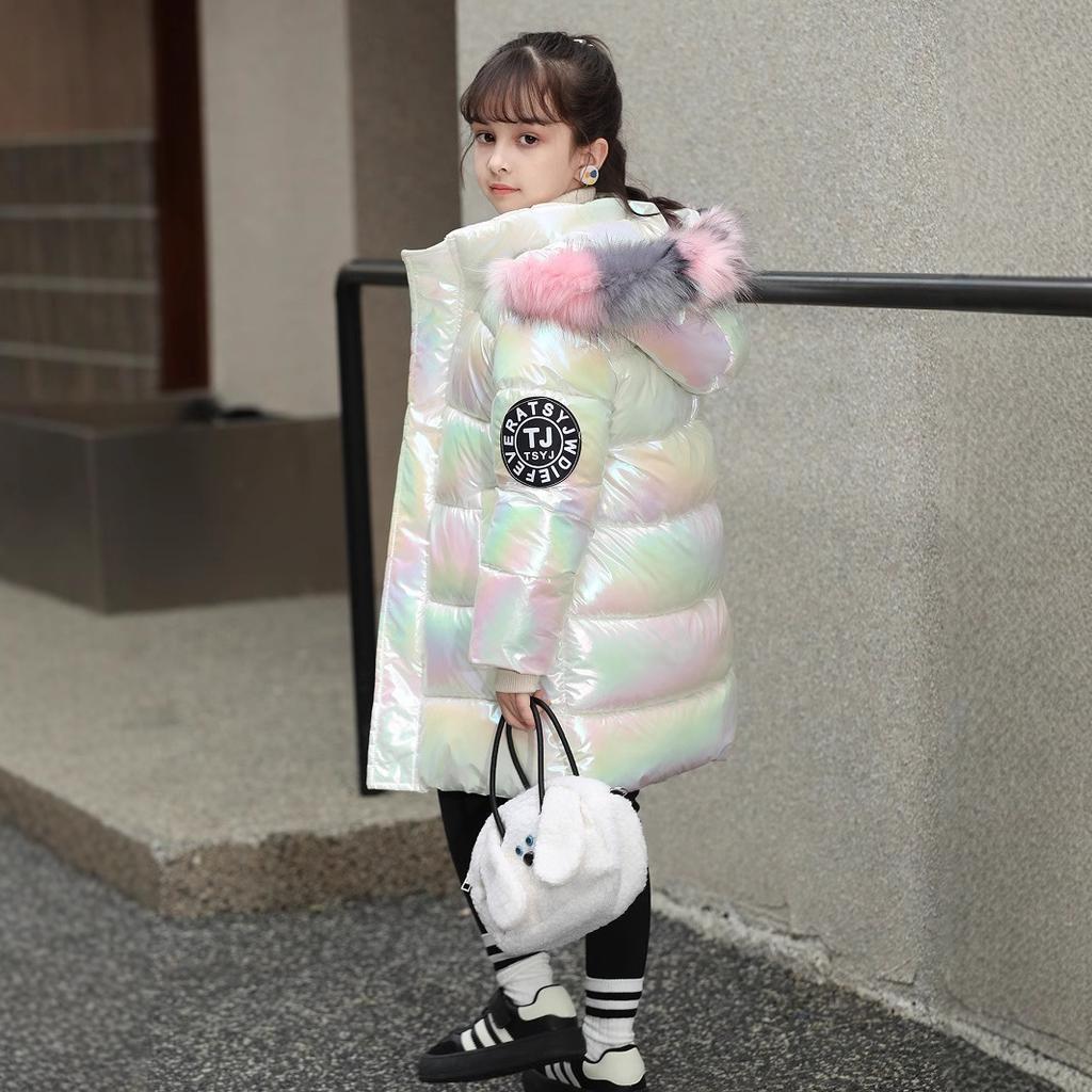 Girls' winter cotton-padded clothes, thickened cotton-padded warm colorful hooded down cotton-padded clothes, children's leave-in long cold-proof 