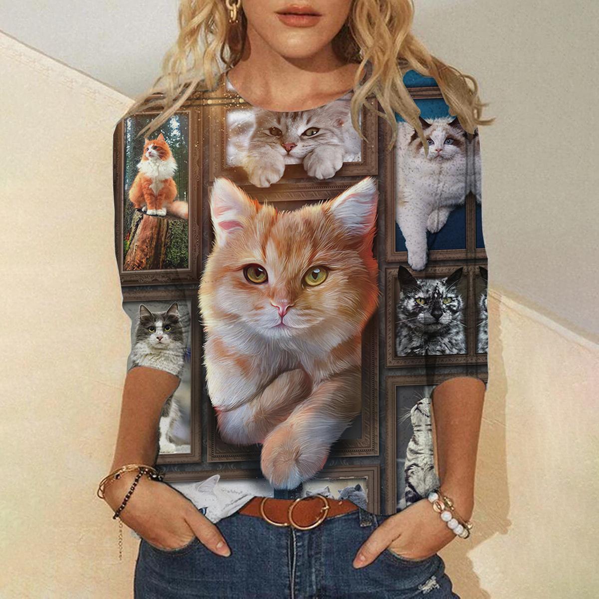 

Женская свободная футболка с принтом кошки, рубашка с длинным рукавом и принтом животного, модная одежда 2024 года, женская рубашка с милым принтом и длинным рукавом 8xl