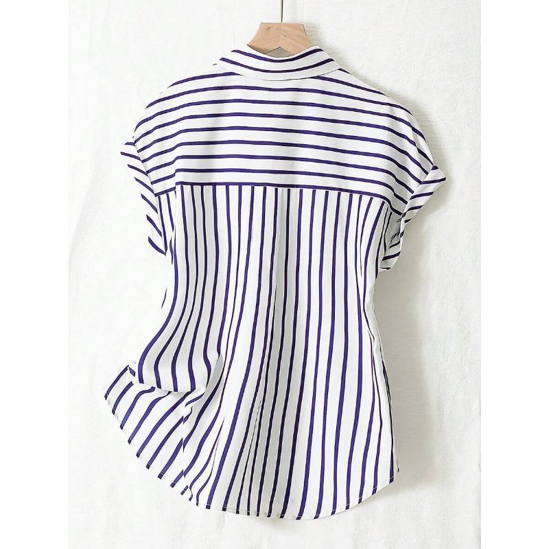 Damen S Gestreiftes Kurzarm Hemd mit Knöpfen Sommer Lässige Bluse