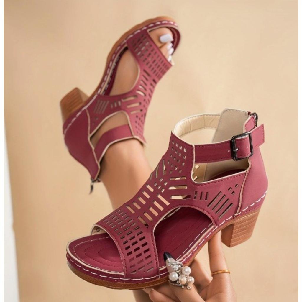 Women's Coarse Heel Sandals, High-heeled Hollow Shoes, Breathable and Comfortable Fishmouth Sandals