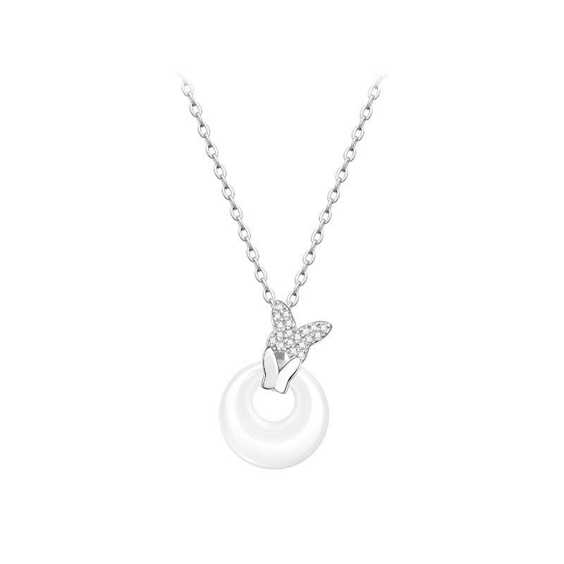 

925 Silver Peace Buckle Necklace with Butterfly and White Chalcedony Pendant , National Trend Style for Women 925 silver білий