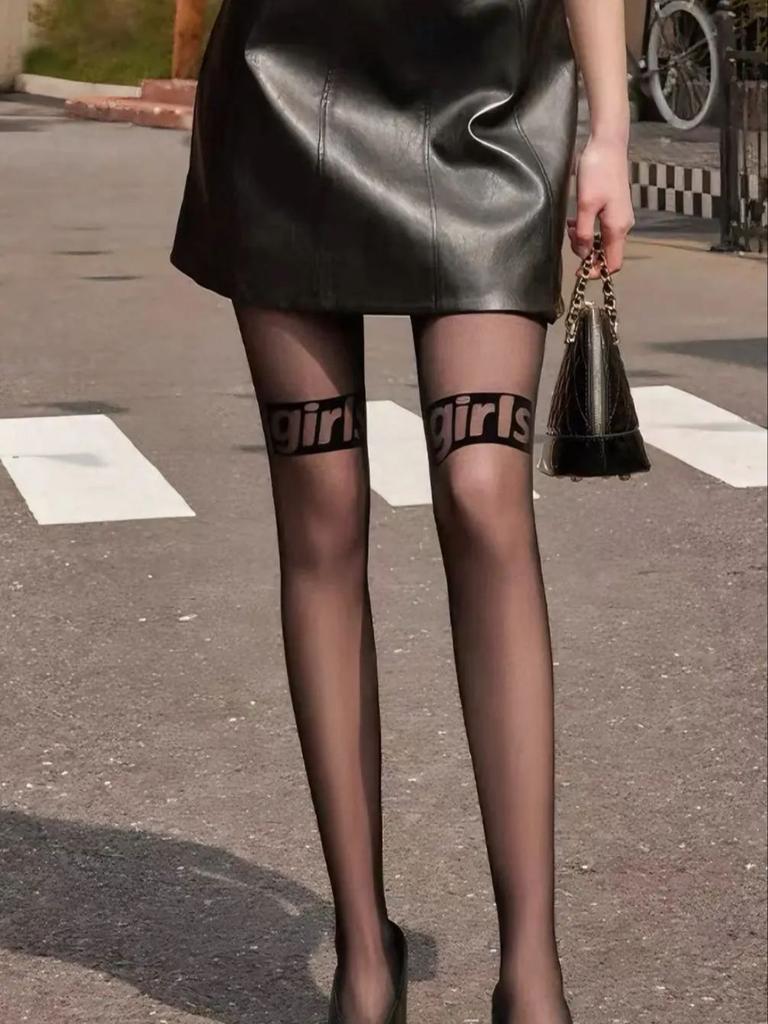 1 Par de Medias Negras Transparentes con Estampado de Letras para Mujer, Exclusivas del Día de San Valentín, Patrón de Letras de Moda, Anti-enganches y Adelgazantes