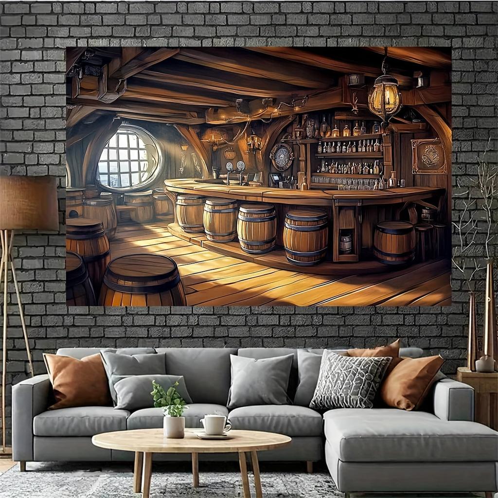 1 Polyester Foto-Hintergrundbanner, Piratenbar, Retro-Stil, Bar-Interieur und Fass-Party-Hintergrundstoff