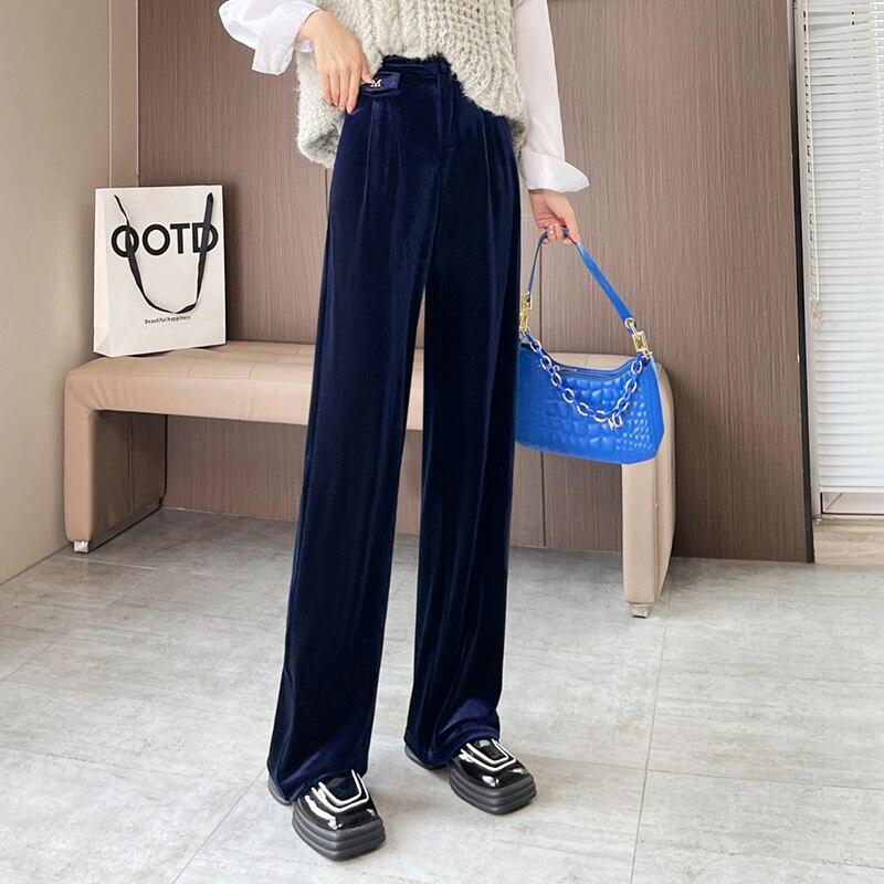 

Осень-зима, повседневные свободные модные однотонные длинные свободные прямые брюки с высокой талией, женские корейские велюровые широкие брюки в стиле Харадзюку XXXXL темно-синий