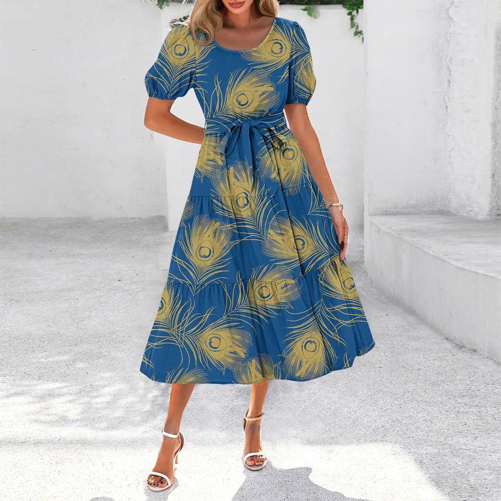 Women's Summer Short Sleeve Round Neck Waistband Bohemian Flowy Layered Maxi Dress With Pockets
