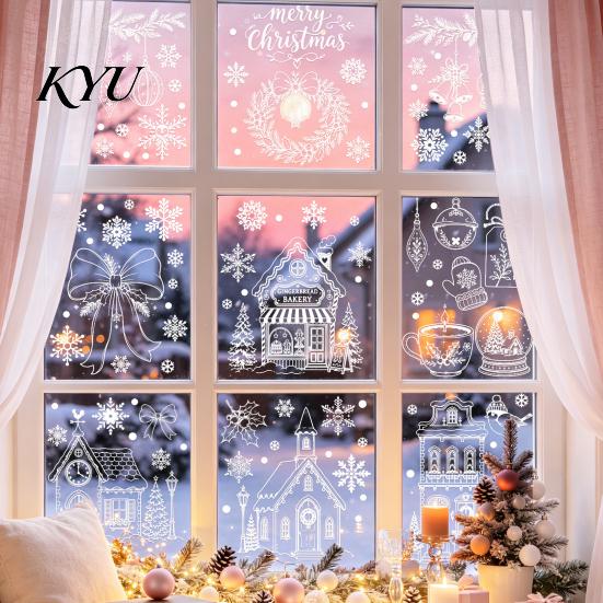 Reusable Gingerbread House Window Clings 9Pcs Christmas Clings, Static Glass Stickers, White Line Hand-Painted Decals for Holiday Home Decorations,