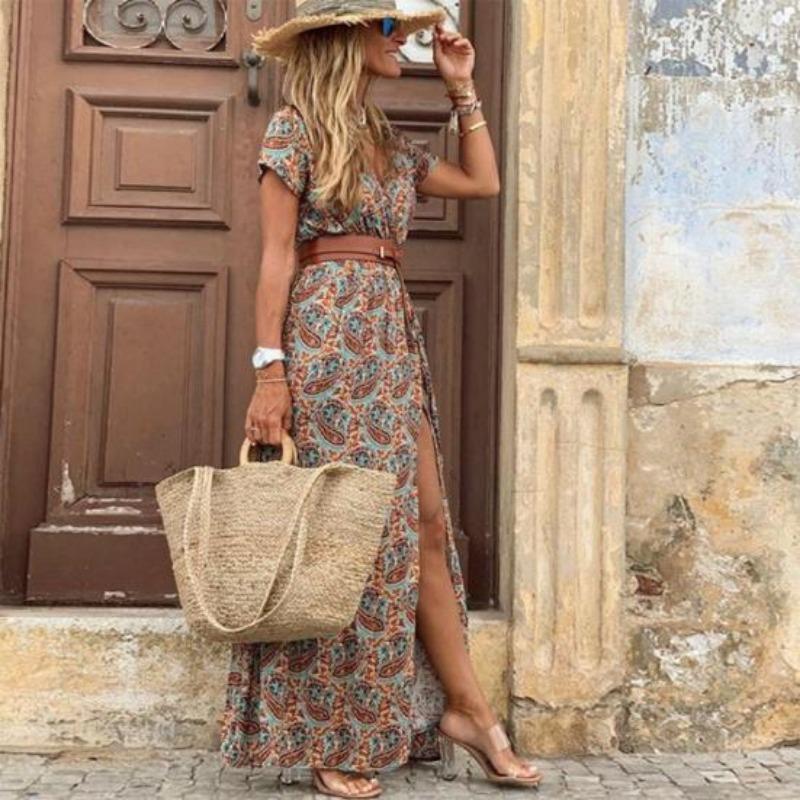 Boho Dámské dlouhé šaty s výstřihem do V s krátkým rukávem Paisley s potiskem s velkým lemem