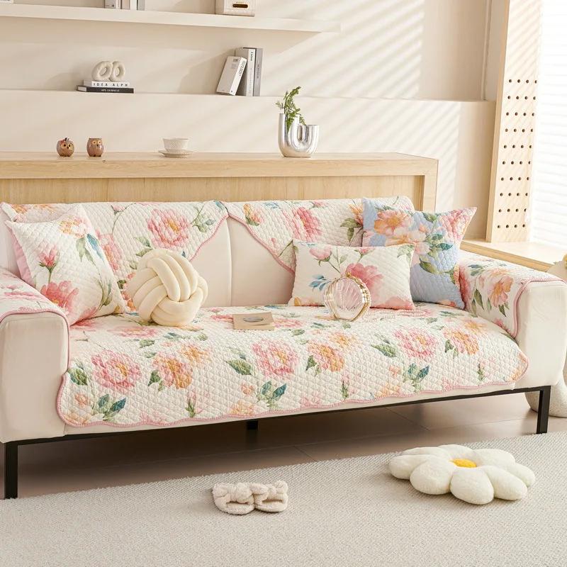 Pure Cotton Minimalist Sofa Mat Four Season Universal Anti Slip Seat Cushion Comfortable Fabric Dustproof Breathable Couch Cloth