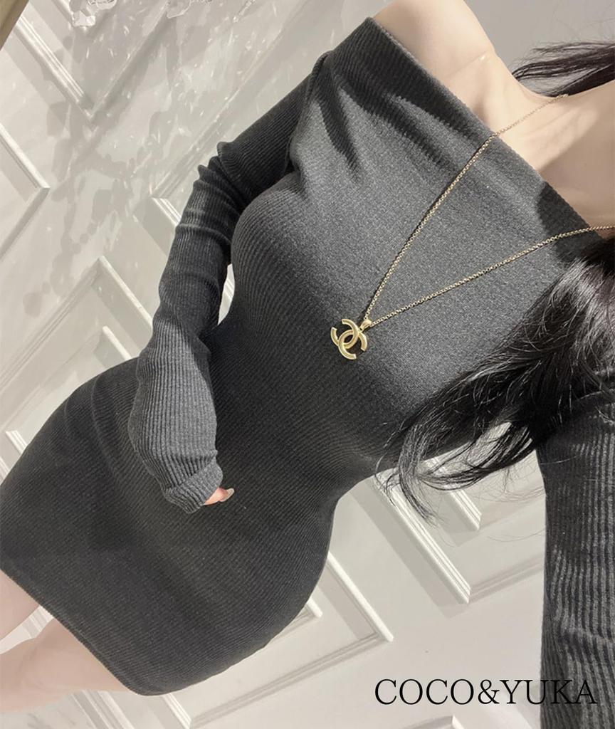 Coco Yuka Strak Geribd Gebreide Sexy Mini Jurk met Lange Mouwen Maat & Dames Off-the-Shoulder (Grijs, M)
