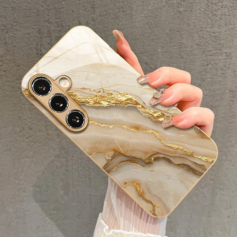 Gold Vein Marble Pattern 2D Phone Case for Samsung S26 S25 S24 S23 S22 S21 S20 A56 - Golden Metal Paint Glass Protective Cover