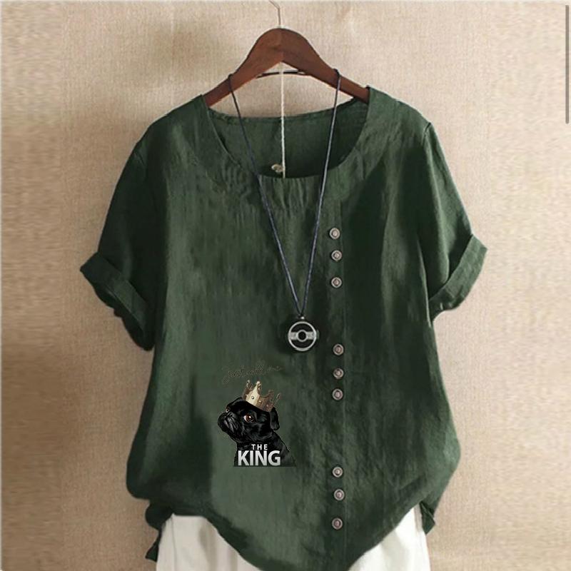 Women's Fashion Dog Letter Prined Round Neck Short Sleeve T-shirt Casual Cotton Linen Graphic Shirt Leisure Loose Summer Blouse Tops