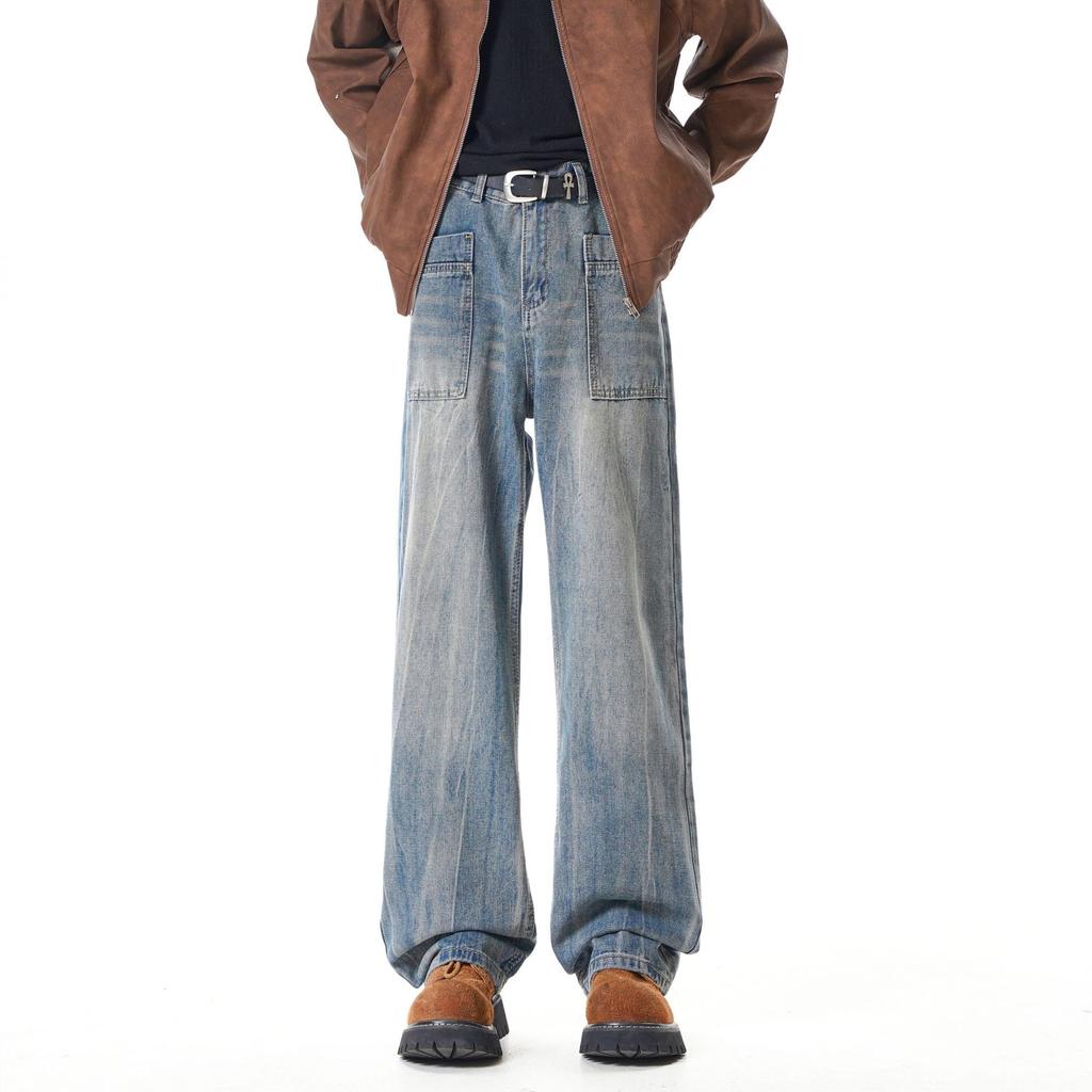 Bamboo pattern washed micro-pull jeans men's and women's American vibe casual straight-leg pants trendy ruffian handsome wide-leg trousers