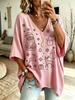 Women's Casual V-neck T-shirt, Oversized Half Sleeved Holiday Printed Top