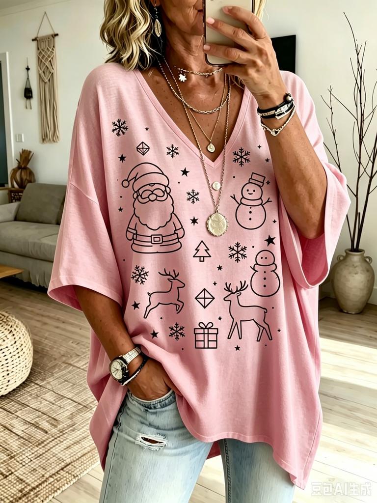 Women's Casual V-neck T-shirt, Oversized Half Sleeved Holiday Printed Top