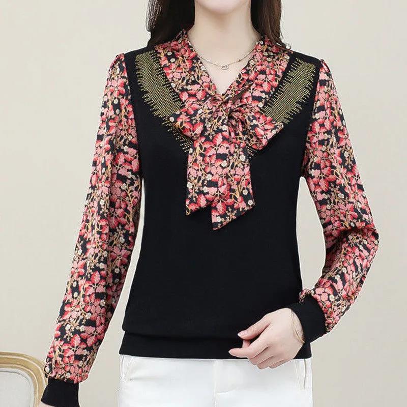 Bedrucktes Oberteil für Damen, langärmelig, für Frühling und Herbst, T-Shirt mit V-Ausschnitt, Chiffon-Hemd, lockeres Hemd