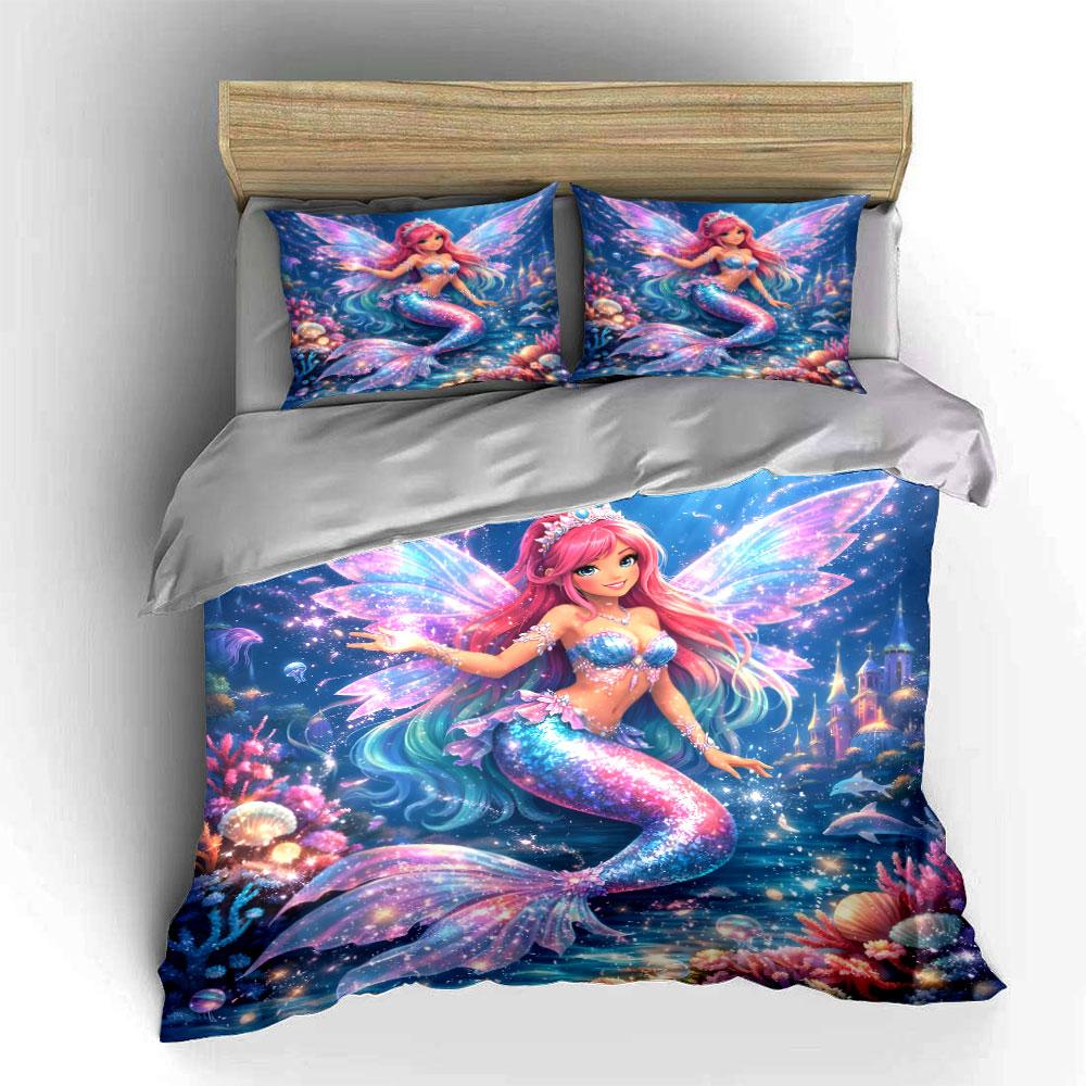 Dreamy Rainbow Mermaid And Castle Bedding Set For Kids Luxury Gift 3Pcs Digital Print Comforter Set Soft Comfortable Breathable