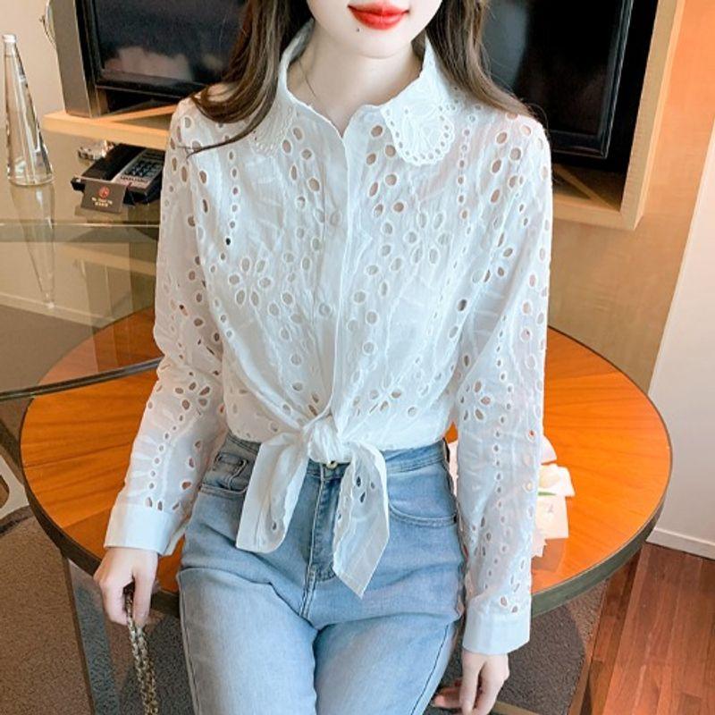 

Spring New K-style Sweet Elegance Work Clothing Ol White Slimming Lace Cut Out Flower Shirt Tops Sun Protection Clothing White 3XL