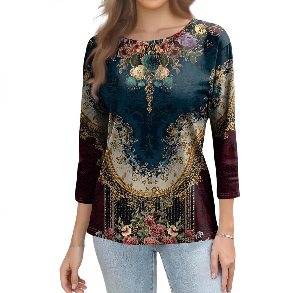 Trendy Vintage 3/4 Sleeve Top For Women,Ladies Casual Three Quarter Sleeve Round Collar Printed T-Shirt Blouse