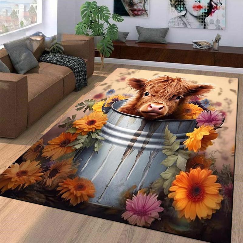 Highland Cow with Flowers carpet Non-slip rug suitable for living room and bedroom sofas