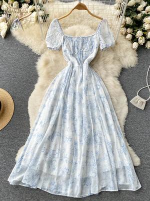 Vestido Francês Feminino Vintage Estampado Floral Linha A Verão Decote Quadrado Zíper Slim Elegante Vestidos Senhoras Plissado Lace Up Sexy Vestido Slim