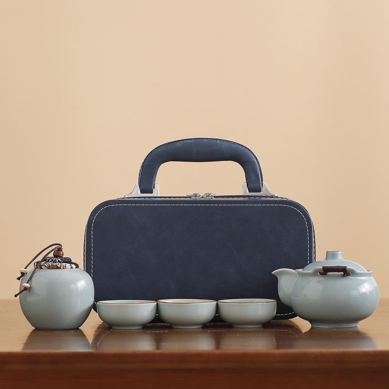 Hand-held Pot Twisted Lotus Portable Blue and White Travel Tea Set Kuaike Ru Kiln One Pot Three Cups Kuaike Cup Outdoor Gift
