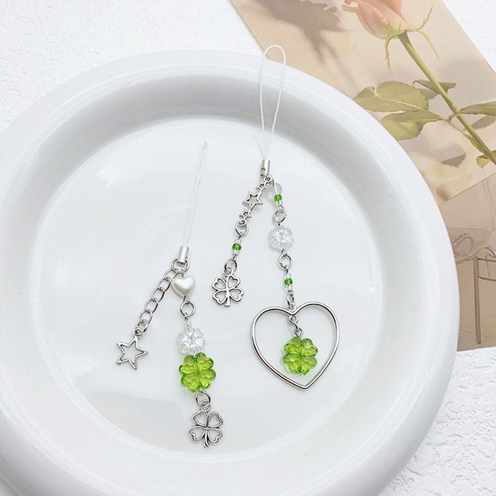 Summer Lucky Grass Phone Charms Green Four-leaf Clover Beaded Keychain Bag Pendant   Gifts