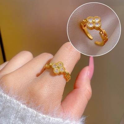 Echtgold galvanisierter offener Ring, Modering mit Glücksklee für Damen, Zeigefingerring, Gleicher Stil, Schlichter und kühler Stil