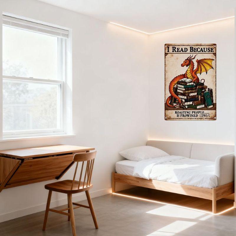 Vintage Drache Lesen Metall Blechschild, 'Ich lese, weil Leute zu rösten verpönt ist' Wortspiel Kunst Poster für Man Cave Bar Zuhause Dec