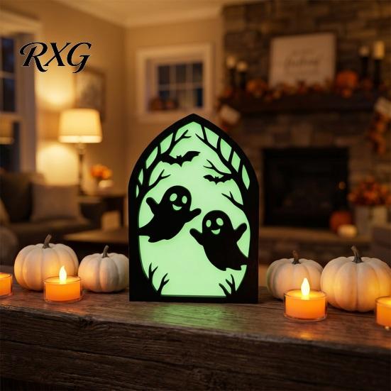 Ghost Witch Black Cat Decor Halloween Wooden Screen Ornaments, Glow in The Dark Gothic Arch No Assembly Ornaments Decor, Atmosphere Supplies for Home