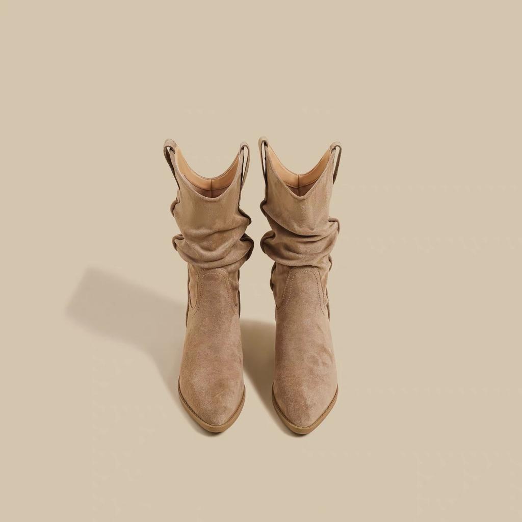 2025 Autumn and Winter New Thick-heeled Martin Boots Women's Retro Wasteland Wind Pleated Medium Boots High-heeled Suede Knight Boots