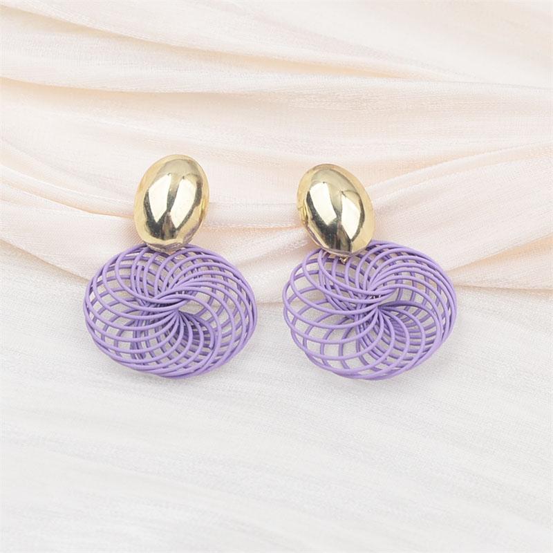 Bohemian Hollow Net Pendants Women's Dangle Earrings Purple Red Screw Spiral Hanging Earrings Metal Oval Top Drop Earrings