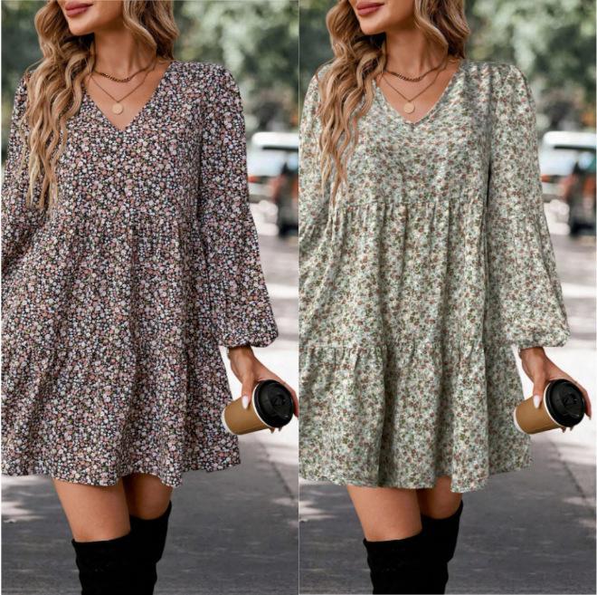Hot-selling European and American foreign trade new dresses, round neck small floral long-sleeved bohemian dress