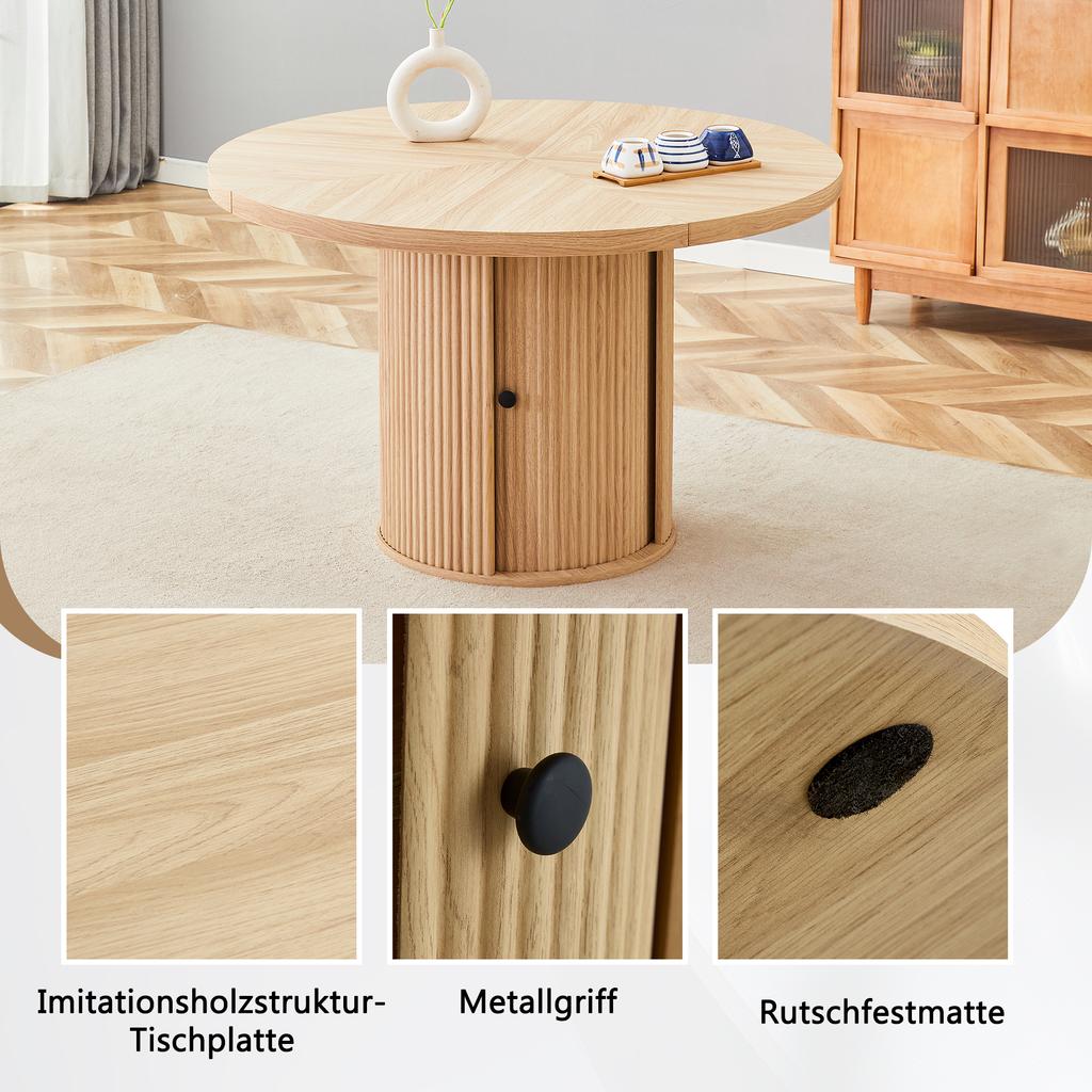 Tavolo da Pranzo Rotondo con Contenitore, Effetto Legno, 115 cm, Base a Pedistallo con Armadietto, Tavolo da Pranzo per 4–6 Persone, Moderno Scandinavo
