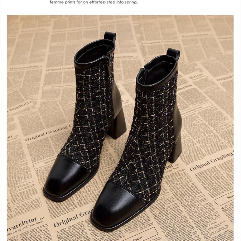 Мода 2024 Зима Новые Тупой носок Маленький ароматный стиль Сборка Боковая молния — фото 4