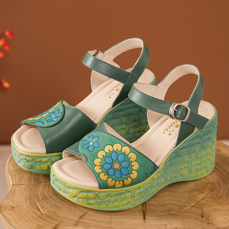 Fashion GKTINOO Wedges Sandals 2025 Summer New High Heels Bohemian Genuine Leather Comfortable Thick Bottom Women's Platform Shoes