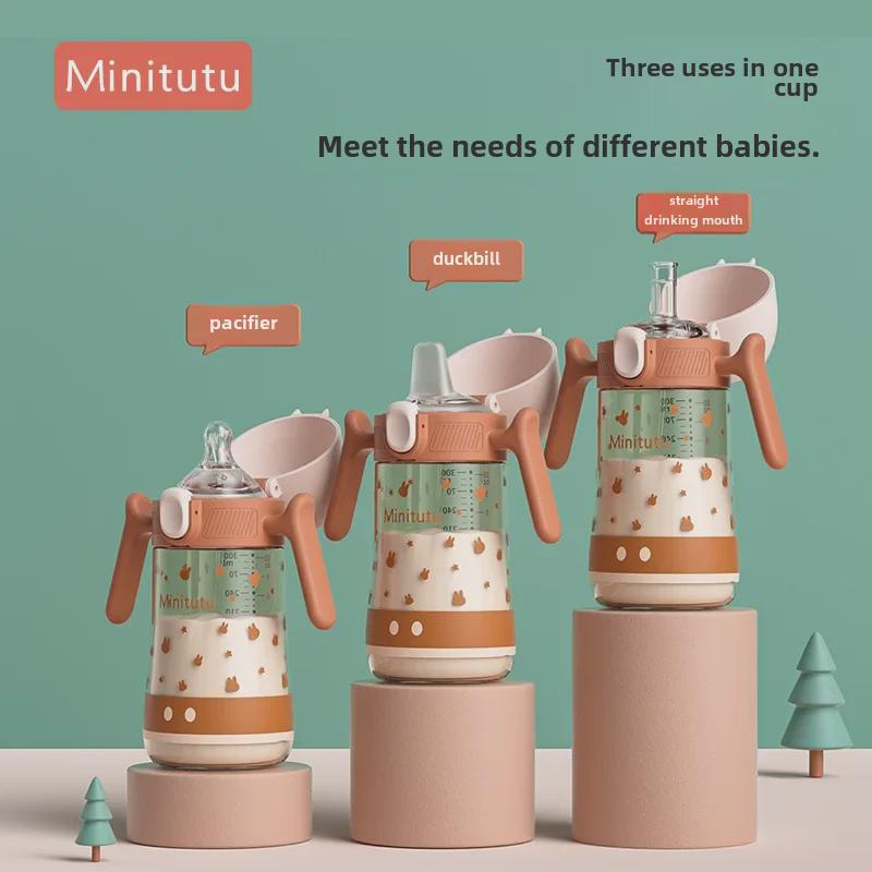 Minitutu Wide Mouth Bottle with Temp-Sensitive Scale, Flip-Top, Anti-Fall, Anti-Flatulence, and Suction Duckbill