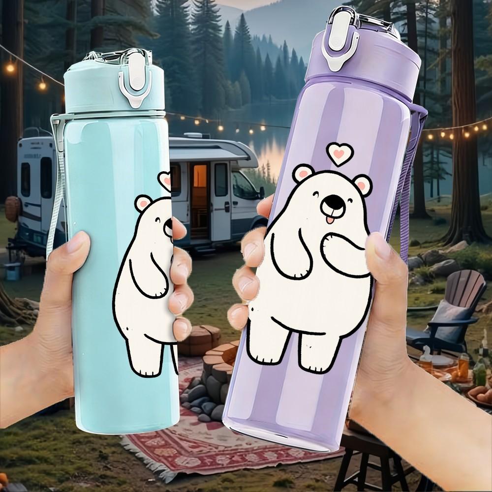 1PC White Polar Bear Heart 750ml Color Plastic Sports Water Bottle Leakproof Flip Straw Lid Suitable for Sports Office Home Use