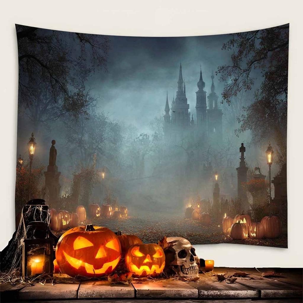 Halloween Tapestry Spooky Pumpkin Patch with Jack-O'-Lanterns Halloween Decorations Parties Themed Accessory Gothic Atmosphere