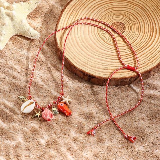 Ceramic Shell Fish Pendant Necklace for Women Irregular Gravel Braided Rope Adjustable Necklace Ocean Theme Boho Beach Jewelry
