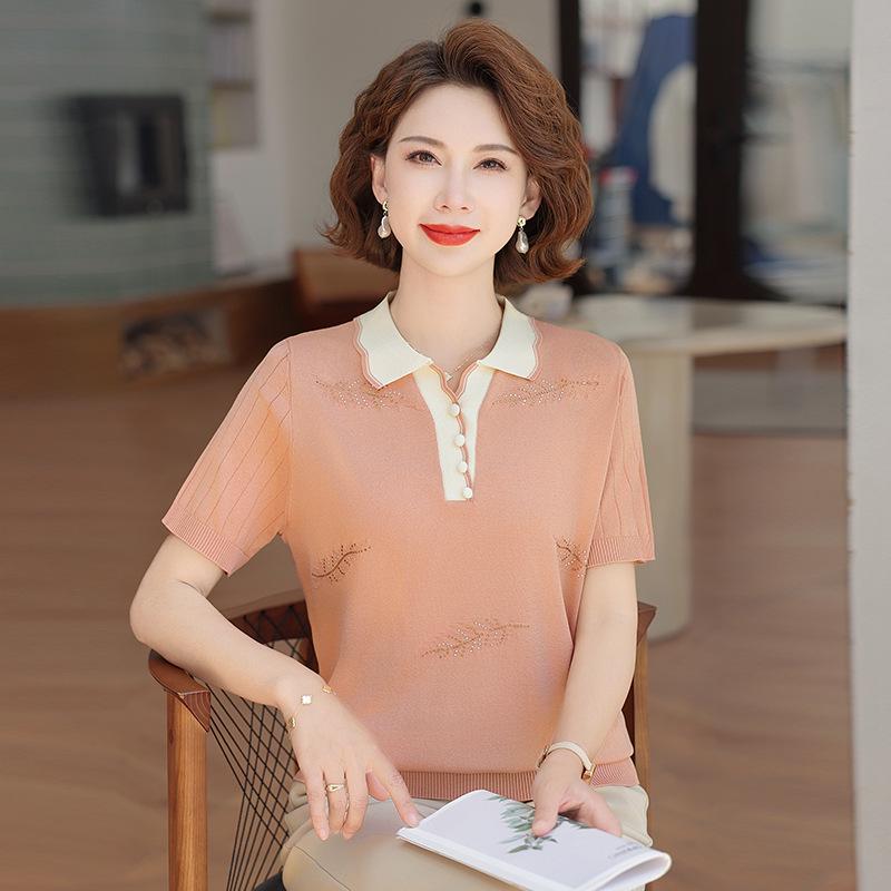 

Stylish Ice Silk Knit Top for Middle-Aged Women XL (for 100-110 jin) оранжевый/розовый