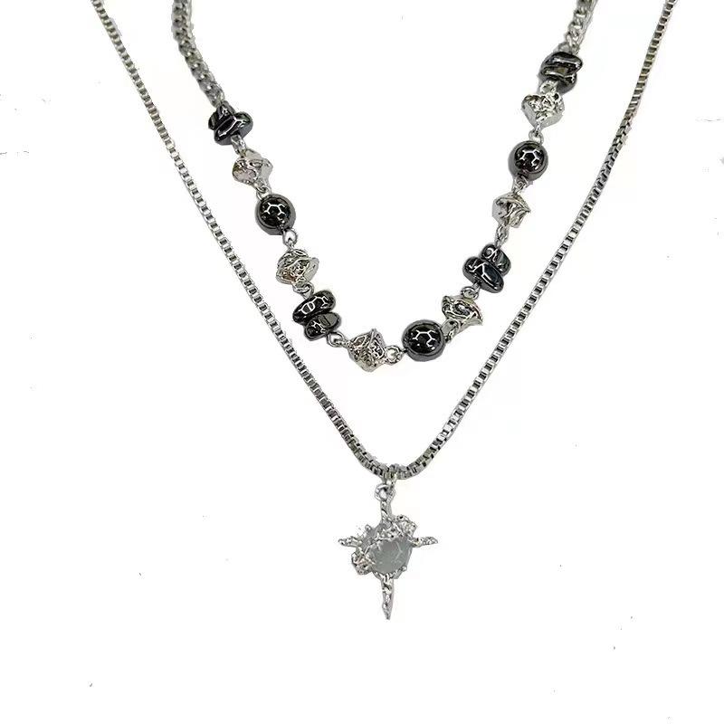 Black silver bead double stacked chain female personality niche design accessories exquisite trendy jewelry collarbone chain